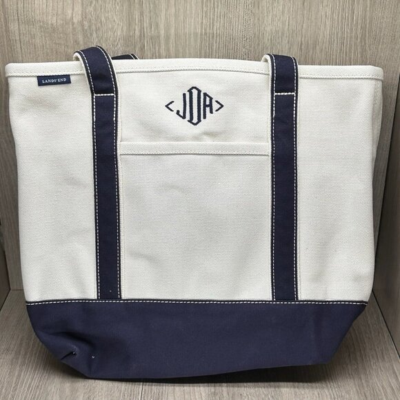 Lands' End Handbags - Lands End Boat & Tote Bag Open Top Medium Monogram Cotton Canvas Off White Blue